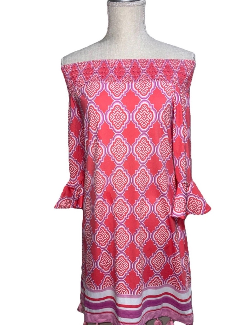 Cabana Life Coral Pink Smocked Off Shoulder Coverluxe Dress Size Small